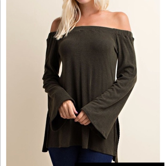 Olive green bell sleeve off shoulder top - Picture 1 of 2